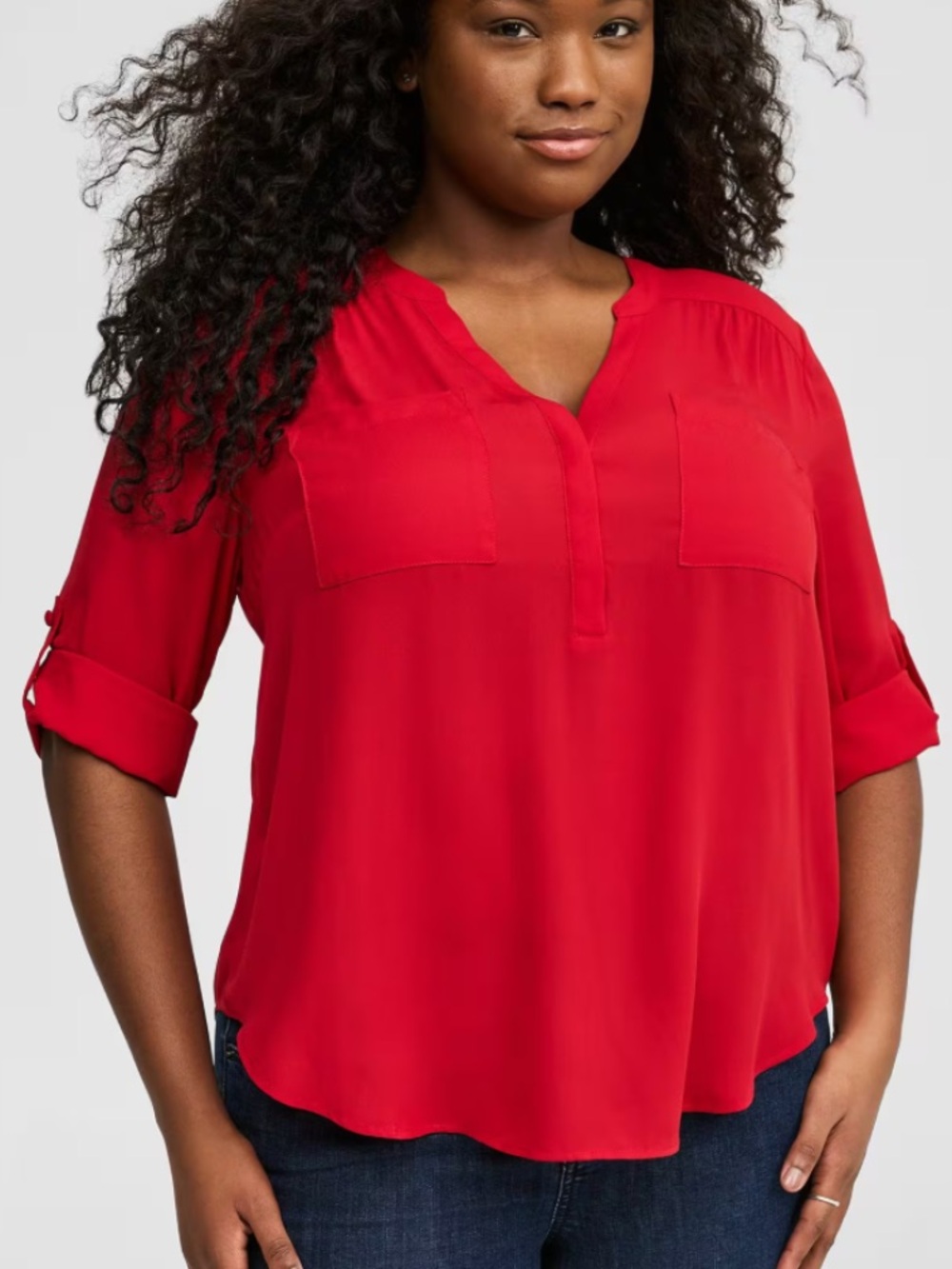 torrid Harper Georgette Red V-Neck Roll-Tab Sleeve Tunic